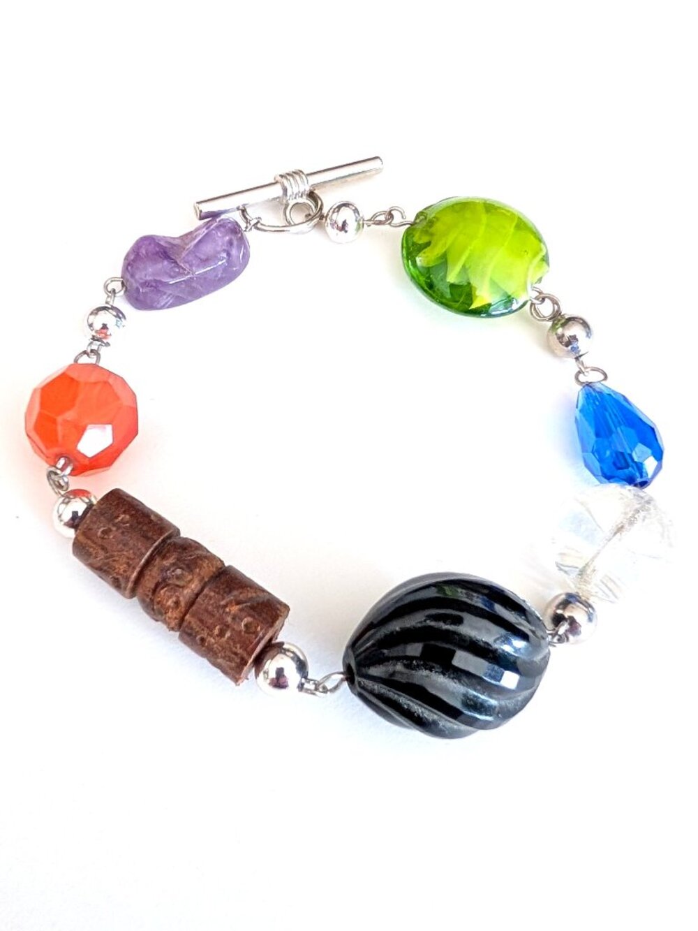 Glass, wood, resin and stone beaded bracelet